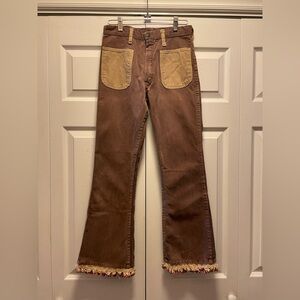 Vintage 70s Ely Jeans Fringed Bootcut Brown with Beige Patch Pockets 27" x 27"